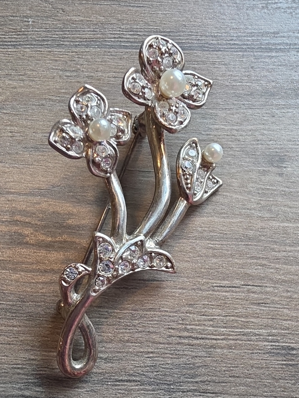 Monet Silver-Tone Floral Brooch with Faux Pearls and Crystals